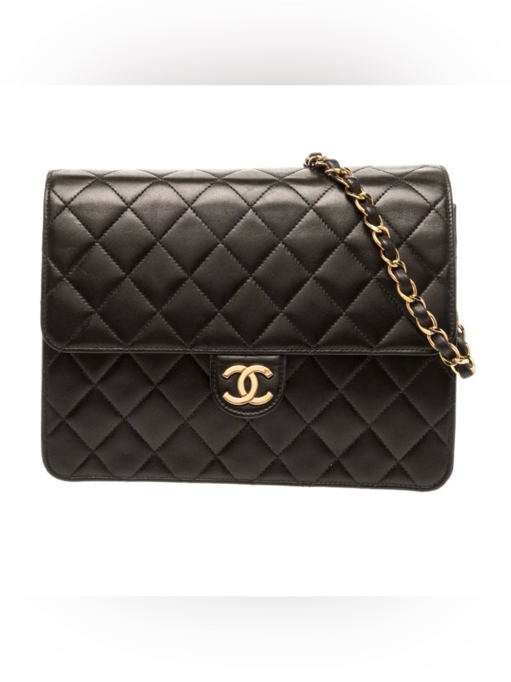 CHANEL Black Quilted Leather Single Flap Shoulder Bag with Gold Chain